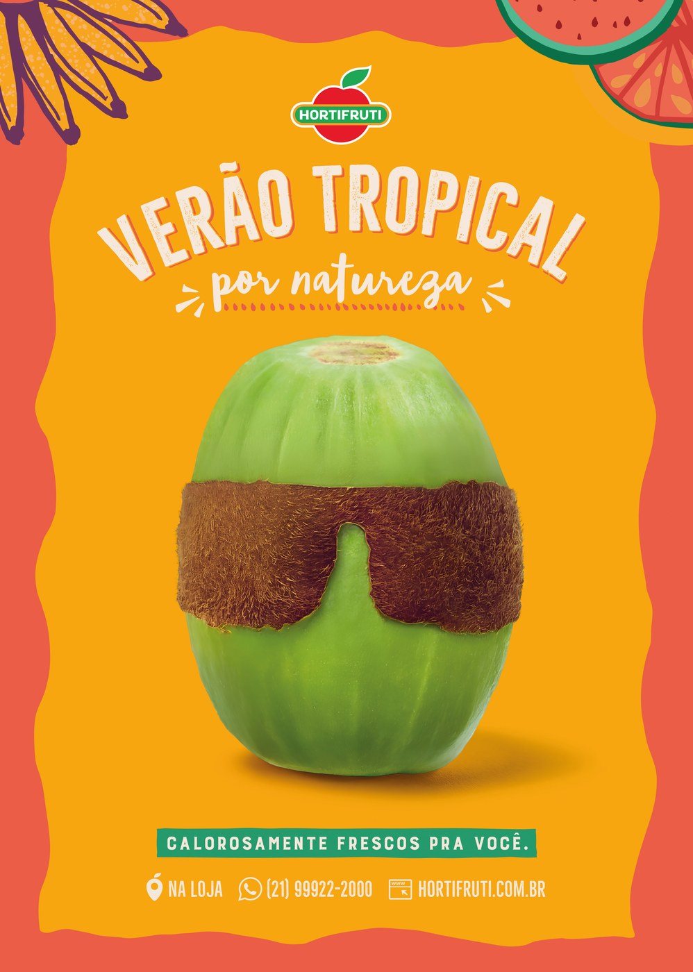 Calorosamente frescos: a pera de biquíni, o pão com marquinha e o kiwi de óculos escuros.