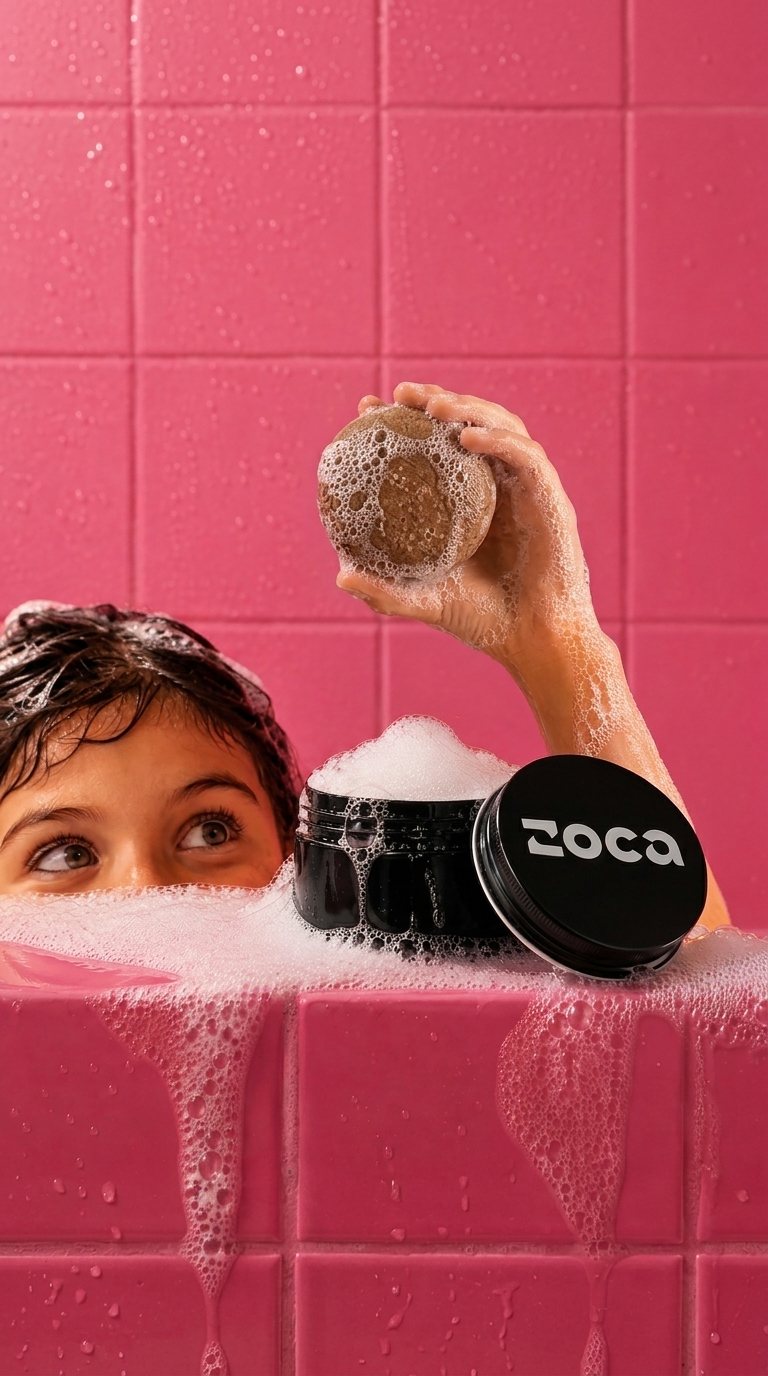 Criança no banheiro rosa com a lata Zoca