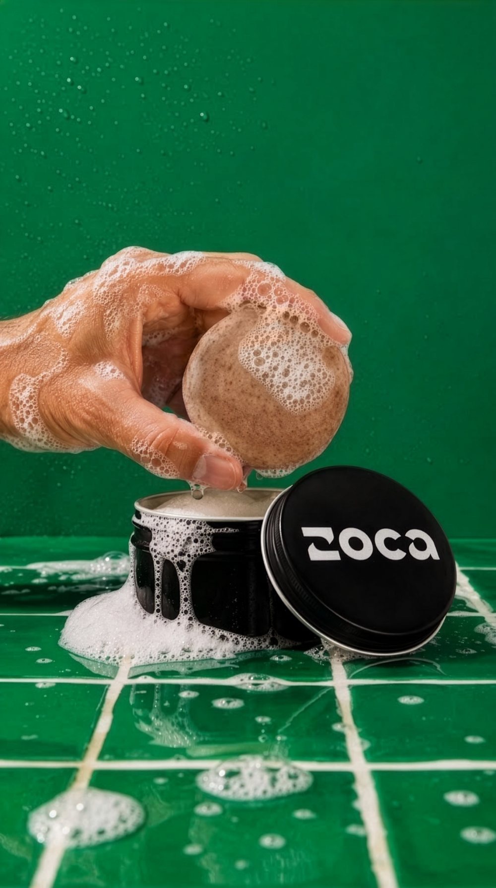 Banheiro verde, barra e espuma na lata Zoca